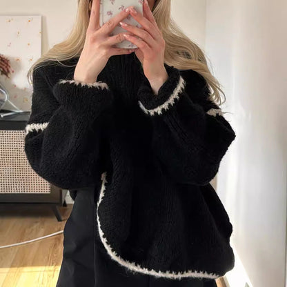 Cozy Oversized Knit Sweater – Soft, Contrast-Trim Pullover for Effortless Style