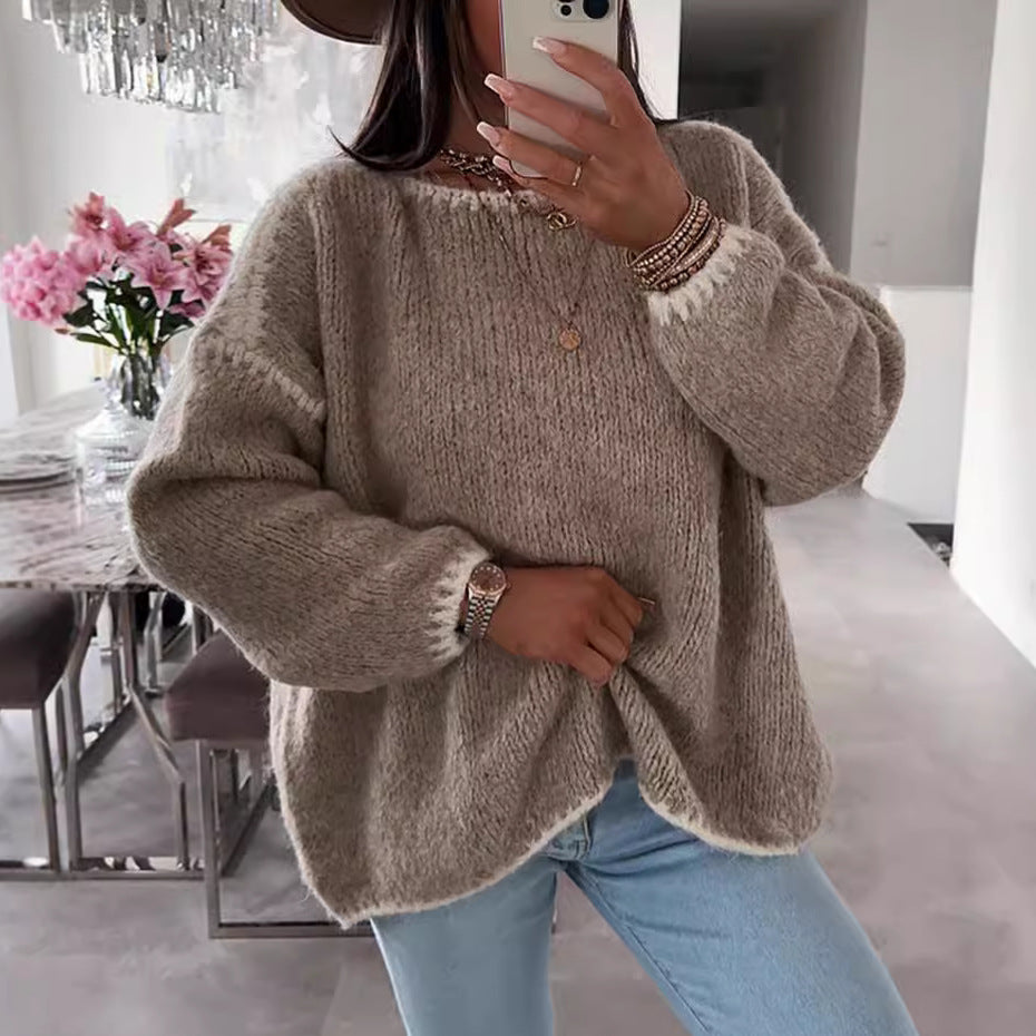 Cozy Oversized Knit Sweater – Soft, Contrast-Trim Pullover for Effortless Style