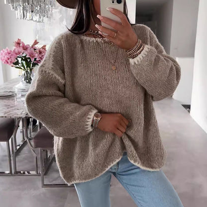 Cozy Oversized Knit Sweater – Soft, Contrast-Trim Pullover for Effortless Style