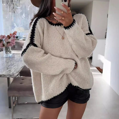 Cozy Oversized Knit Sweater – Soft, Contrast-Trim Pullover for Effortless Style