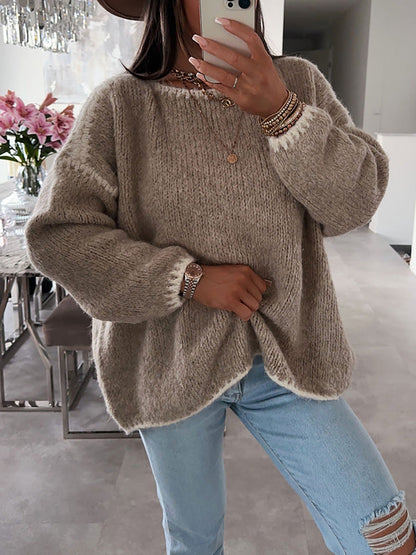 Cozy Oversized Knit Sweater – Soft, Contrast-Trim Pullover for Effortless Style