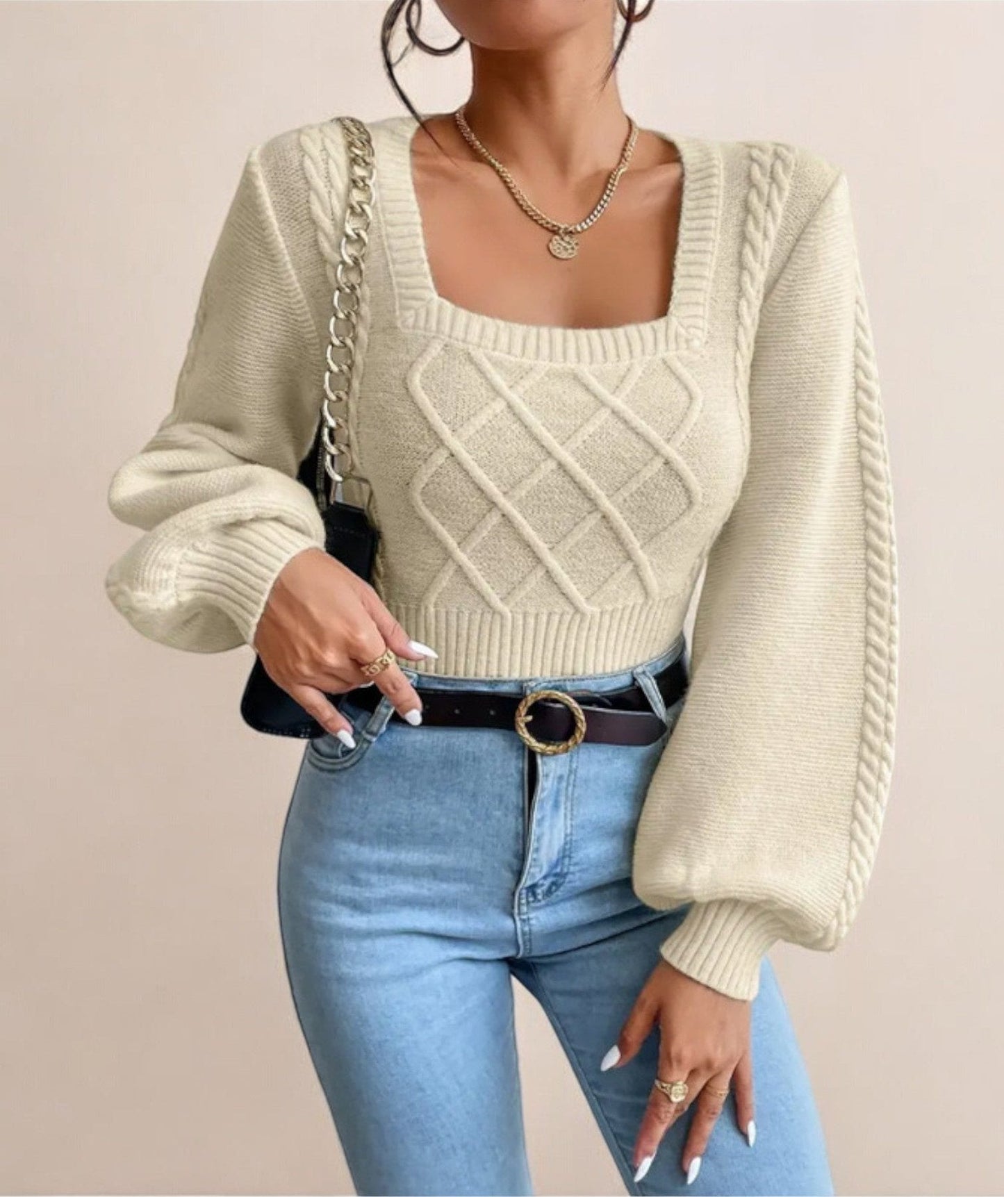 Elegant Knit Sweater – Square Neck, Balloon Sleeves, and Cozy Fit