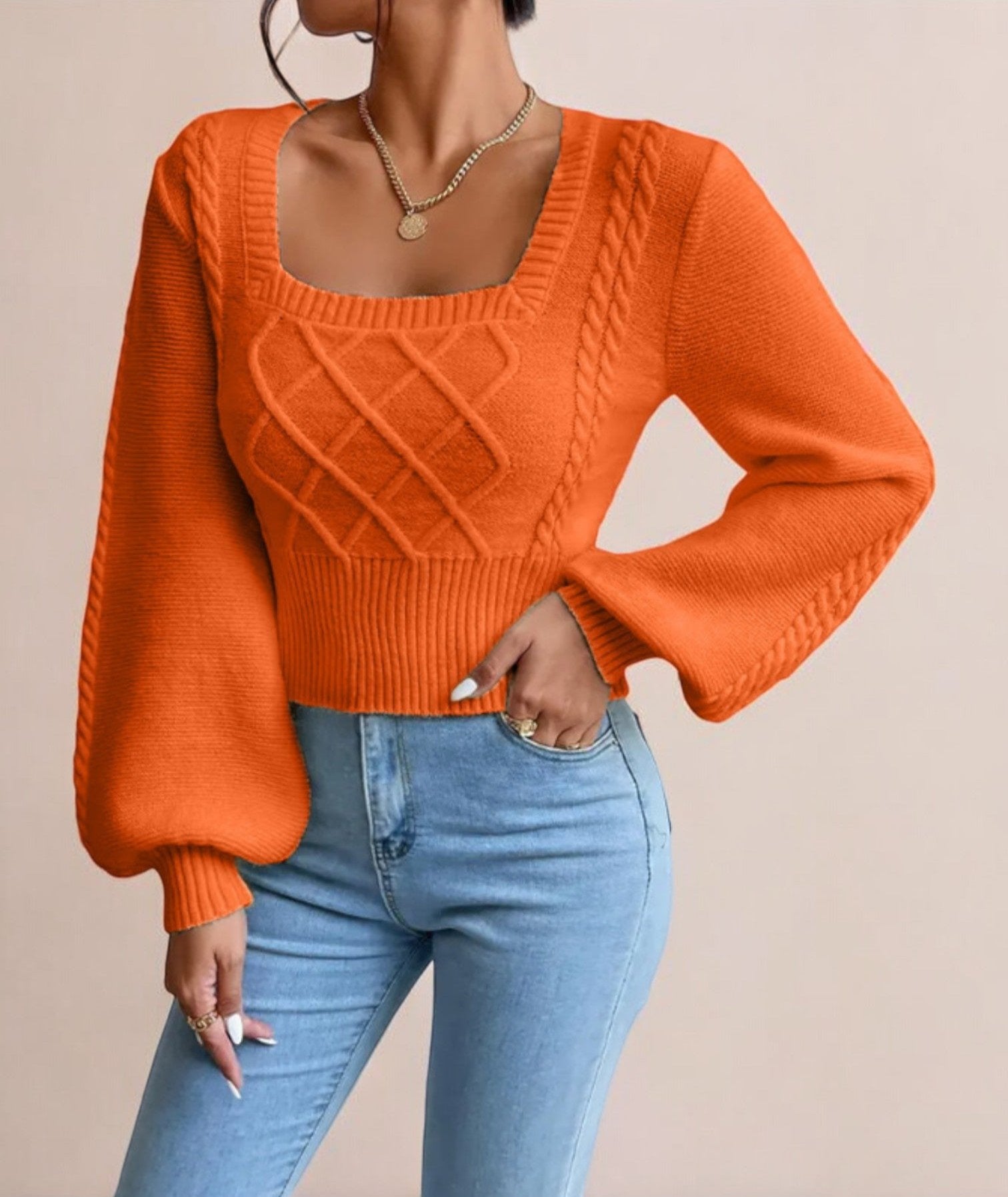 Elegant Knit Sweater – Square Neck, Balloon Sleeves, and Cozy Fit