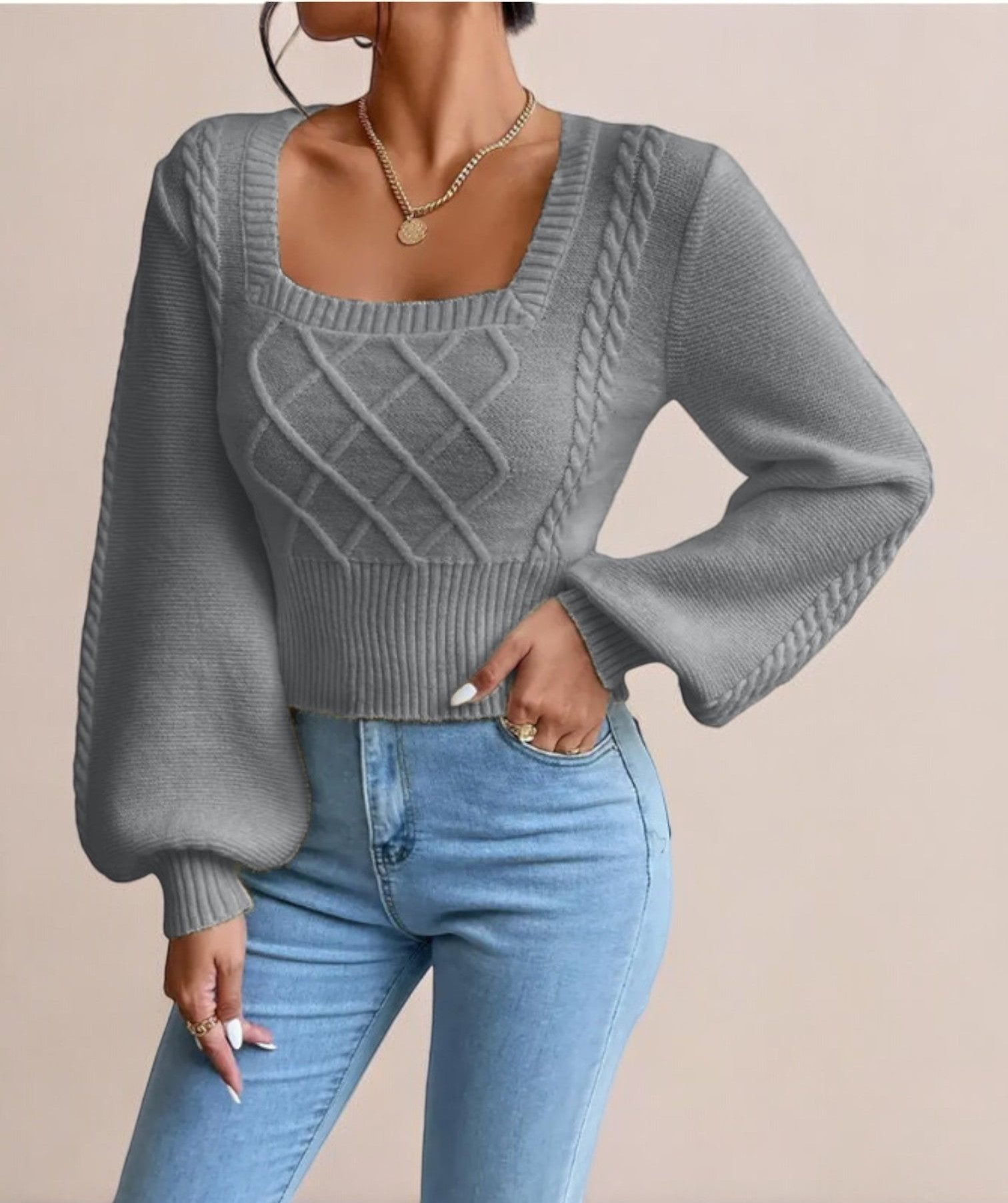 Elegant Knit Sweater – Square Neck, Balloon Sleeves, and Cozy Fit