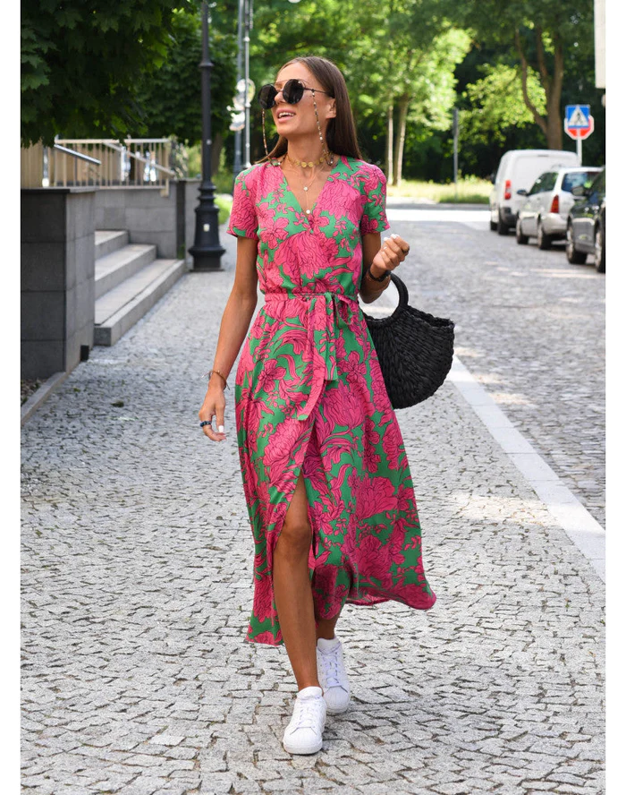 Floral V-Neck Wrap Midi Dress with Belt – Elegant & Versatile Summer Style