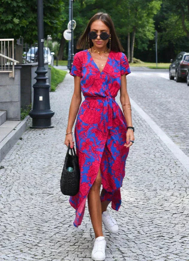 Floral V-Neck Wrap Midi Dress with Belt – Elegant & Versatile Summer Style