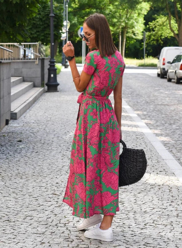 Floral V-Neck Wrap Midi Dress with Belt – Elegant & Versatile Summer Style