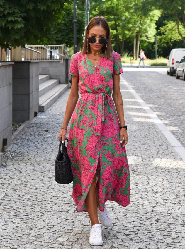 Floral V-Neck Wrap Midi Dress with Belt – Elegant & Versatile Summer Style