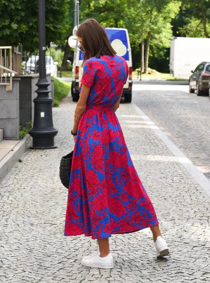 Floral V-Neck Wrap Midi Dress with Belt – Elegant & Versatile Summer Style