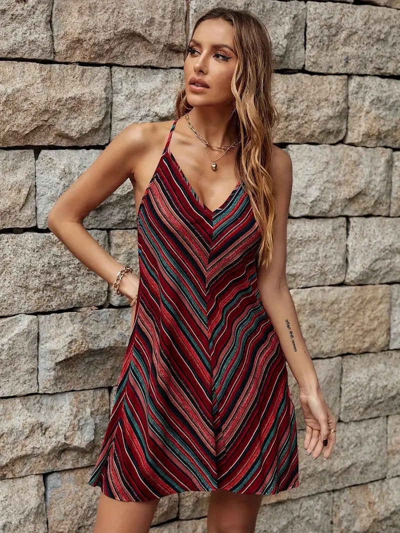 Short Fluid Dress - Strappy & Elegant Striped Print